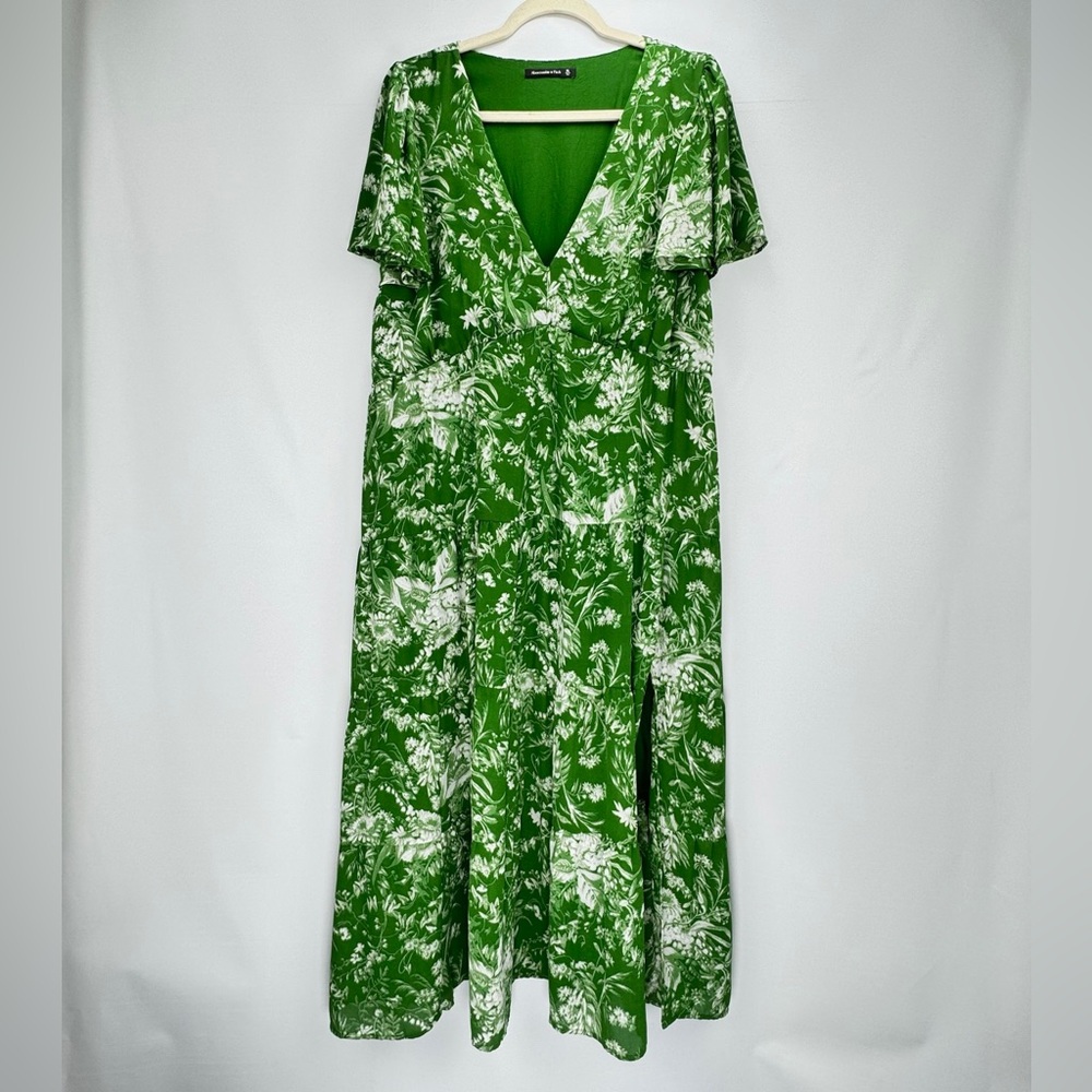 A&F Green Floral Sz XL Tiered Slit Maxi Sundress Flutter Sleeve